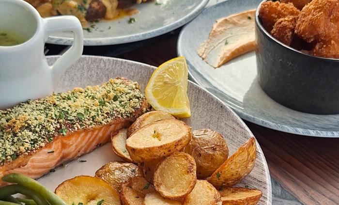 Autumn Menu at the Gwbert Hotel featuring Herd Crusted Salmon and other dishes